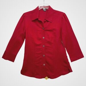 Red Linen Blend Blouse Womens S Quarter Sleeve Pleated Lightweight Breathable